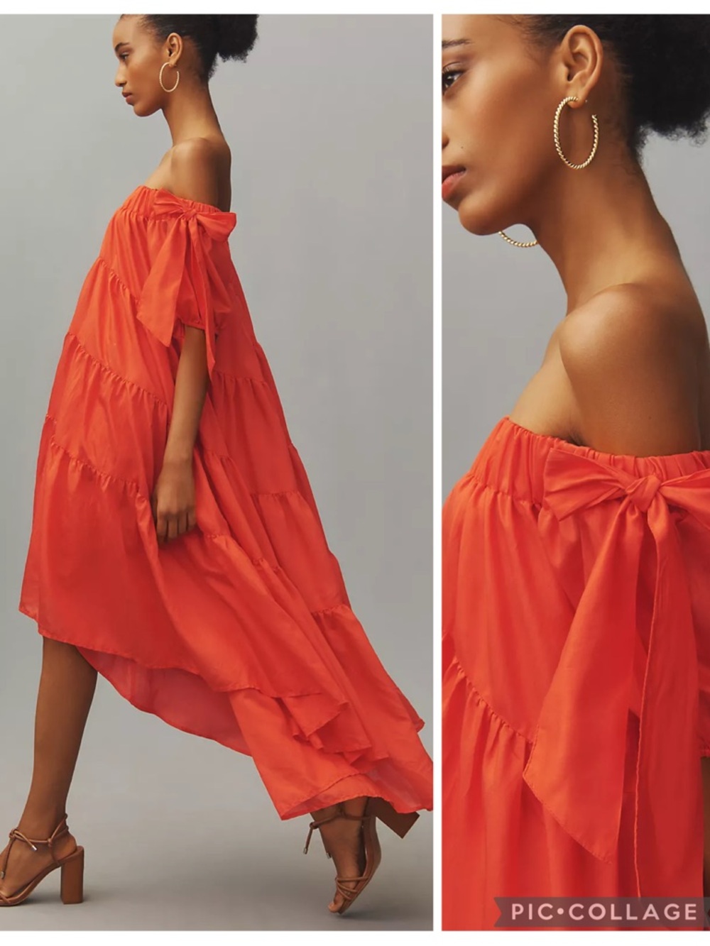 EUC By Anthropologie Petite Bow Tie Off-The-Shoulder Tiered High-Low Midi Dress